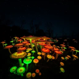 a beautiful wide - lens landscape photograph of a vibrant glowing bioluminescent mushroom forest with a pitch black sky, natural lighting