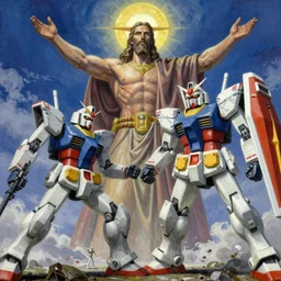 Giant titan Jesus christ  against a Gundam robot, conflict,   fight , battle ,matte fantasy painting, DeviantArt Artstation, by  Jen Zee and Tatsuya Yoshikawa  by Utsurowazaru Mono  by Tatsuya Yoshikawa  by Hajime Isayama, cinematic lighting