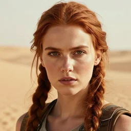 fantasy portrait, close up of face!!, young woman, auburn hair, athletic, slavic features, serious demeanor, tomb raider, ( desert background ), in the style of ruan jia, high detail, uplit, 8 k