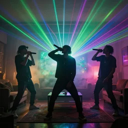 millennial hipsters rapping in living room, holding microphone, epic pose, silhouetted, distinct figures, psychedelic hip-hop, laser light show, fog, beams of light
