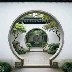 circular gate in a white wall, leading to a garden. chinese architecture. fantasy. detailed. smooth. sharp focus. trending on arstation. artist greg rutkowski.