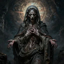the transcendent being embodying despair, photorealistic, detailed photography, divinity, awful, cosmic horror, religious art