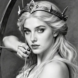 portrait of very beautiful aphrodite goddess as an archer, arrow crown, beautiful piercing eyes, flowing blonde hair, realistic face, black and white drawing, in the style of greg rutkowski, fantasy, amazing detail, epic, intricate, elegant, smooth, sharp focus
