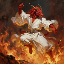 A red Dragonborn monk, wearing a white robe, leaping through flames, dramatic lighting, cinematic, detailed oil painting, trending on artstation