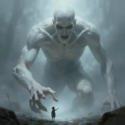 an immense beautiful terrifying pale humanoid giant looms over a tiny human and reaches out towards them. ethereal horror fantasy art by greg rutkowski