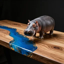 a photo of a model hippo made of wood and resin countertop, wood mixed with blue epoxy resin river countertop, dramatic lighting, studio zeiss 1 5 0 mm f 2. 8 hasselblad, award - winning photo