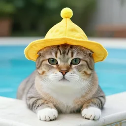 cat wearing a funny hat on a pool