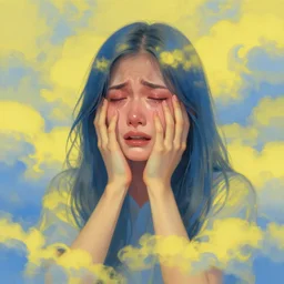 crying woman, covered in yellow and blue clouds, by kim keever
