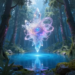 mystical and magical cyberpunk forest with a clear blue lake in a clearing where an abstract nebula crystal sculpture is floating above it, powerful, ethereal, vaporwave