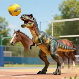 a velociraptor playing volleyball with a horse