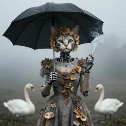 photographic portrait of sad max ernst woman cat face robotic dried floral fungus with spiraling cigarette smoke, wearing a dress, holding an umbrella and a swan, in fog, editorial