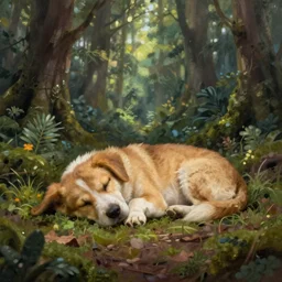cute dog sleeping in magistral forest, 8 k resolution matte fantasy painting, cinematic lighting, deviantart artstation, jason felix steve argyle tyler jacobson peter mohrbacher