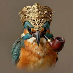 portrait of a kingfisher, human body, bird head, sophisticated with a tobacco pipe in its mouth, classic portrait, intricate, elegant, highly detailed, symmetry, headpiece, digital painting, artstation concept art smooth sharp focus, illustration