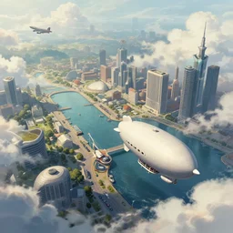 a beautiful illustration of an airship port in a cloudpunk world by Jesper ejsing , cinematic atmosphere, establishing shot, viewed from above