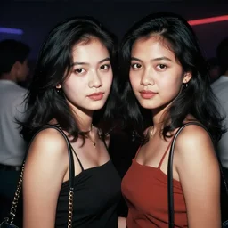 a middle - shot, color travel photograph portrait of two indonesian girl in the night club, dramatic lighting, 1 9 9 0 photo from live magazine.