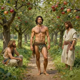 muscular paul rudd as the biblical adam in the garden of eden, abundant apple trees, natural lighting, path traced, highly detailed, high quality, digital painting, by gaston bussiere, craig mullins, alphonse mucha j. c. leyendecker, tom of finland