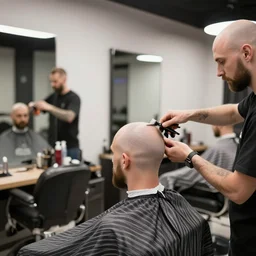 a modern barbershop parlor with bald men getting haircuts by bald barbers, stock image, 8 k resolution, realistic, hd quality