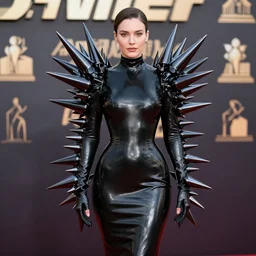 latex dress, blade runner 2 0 4 9 style, huge spikes, award show, met gala, high - end photoshoot, rembrandt lighting