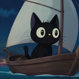 a wholesome animation key shot of a black cat sailing a boat in the night, medium shot, studio ghibli, pixar and disney animation, sharp, rendered in unreal engine 5, anime key art by greg rutkowski, bloom, dramatic lighting