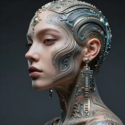 a highly detailed photo of very intricate female face full - length portrait, futurism, rococo cyber tattoos lighting, detailed futuristic fibonacci jewelry, profile posing, hyper photorealistic, crispy quality, digital photography, trending in pinterest, cinematic, 4 k ultra hd, art by pascal blanche, art by greg rutkowski, art by artgerm,