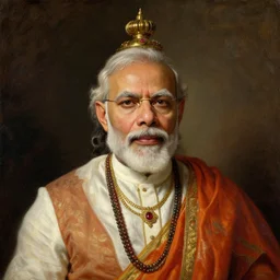 Narendra Modi is lord Vishnu, detailed classical painting by Albert Bierstadt, oil on Canvas, portrait, chiaroscuro, rococo color scheme, 8K, trending on Artstation,