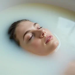 portrait photography by anka zhuravleva and ary scheffer of a woman's face floating in milkbath. closed eyes. kodak. hq. ethereal.