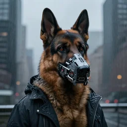 new york city portrait of furry anthro anthropomorphic german shepard head animal person fursona wearing clothes strange cybernetic muzzle gloomy rainy cyberpunk digital art by Greg Rutkowski, Simon Stalenhag, christopher nolan trending on Artstation, CGSociety
