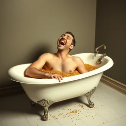 a man laughing hysterically who is sitting in an antique clawfoot bathtub filled with gold