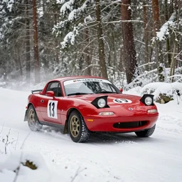 a 1 9 9 4 mazda mx - 5 miata, racing through a rally stage in a snowy forest