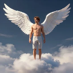 a man with wings standing in the clouds, a digital rendering by Anne Stokes, deviantart, fantasy art, angelic photograph, photoillustration, daz3d