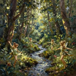 light oil painting of a forest with a stream running down the middle with tiny female woodland sprites dancing, anatomically correct