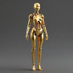 full body rendering of a futuristic female golden mechanical skeleton with human face, wires, glowing internal light, hyperdetailed illustration by irakli nadar and alexandre ferra, intricate linework, faberge, intricate gold linework, dark atmosphere, unreal engine 5 highly rendered, global illumination, radiant light, detailed and intricate environment