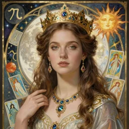 emily blunt portrait by louis - theophile hingre and alphonse mucha, realistic, sharp focus, zodiac signs, tarot cards, planets, ethereal, art nouveau, magic, moon, sun, crown, dreamy, royal, jewellery