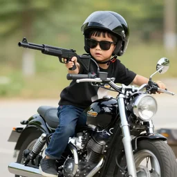 a little person on a motorcycle with sunglasses on holding a firearm