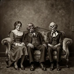 rotting corpse, zombie family dressed in victorian style clothes sitting on old sofa, skin peeling off face exposing skulls, portrait, wet plate photography, amazing background, sepia, photorealistic