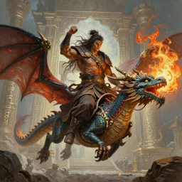 panoramic painting of very handsome and savage warrior mounted on a flying dragon blowing fire, full body view and focus of high detailed photo realistic face, wearing ancient warrior clothing in the style of conan, centered, rule of thirds photo, hyper realistic, runic temple in the background, sharp focus, intricate oil painting, concept art illustration masterpiece trending on artstation pixiv fanbox by wlop and greg