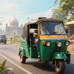 an auto rickshaw driving through bombay, an epic fantasy, wide shot, ultrarealistic, detailed, depth of field, crisp details, photorealism, colorful, cinematic, horizon forbidden west trending on artstation, masterpiece, by greg rutkowski, by ross tran, by fenghua zhong, octane, soft render
