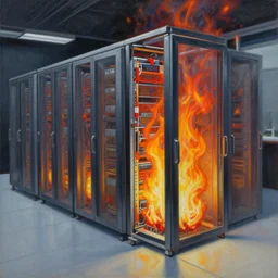 a painting by Wayne Thiebaud of a high end GPU data center on fire, cooling, high specs, ethereal!!!!!!!, by Wayne Thiebaud, highly detailed