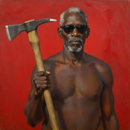 old black man holding pick axe in hand, shades of red, oil painting by aaron douglas - n 4