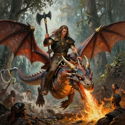 panoramic portrait painting of very handsome and savage barbarian, straight long hair, asymmetric, full body view and focus of high detailed photo realistic face, wearing ancient barbarian clothing in the style of conan, riding a flying dragon thats blowing fire down on his enemies, centered, rule of thirds photo, hyper realistic, forest temple in the background, sharp focus, intricate oil painting, golden axe box art illustration