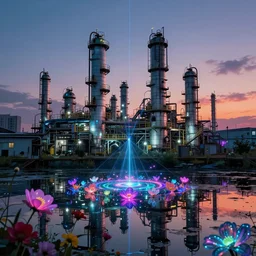a beautiful very detailed highly detailed refinery abandoned urbex by albert bierstadt, retrowave at night laser at dusk landscape morning sun studio ghibli tokyo magic realism vaporwave darkacademia bladerunner 2 0 4 9 flowers lake neon signs made of glass galactic neon noir futuristic, archdaily, wallpaper, highly detailed, trending on artstation.