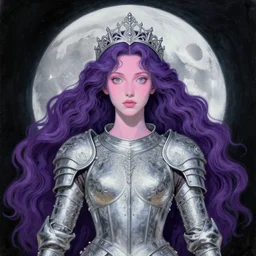 painting of prophetess of the moon, silver filigree armor and tiara, moon above head, purple wavy hair, pink translucent skin, wide striking eyes, beautiful! coherent! symmetrical body, by brom, by junji ito, by brian froud, strong line, high contrast, muted color, preraphaelite style, 4 k, trending on artstation