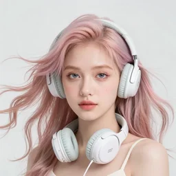 beautiful portrait of a woman with pastel long hair floating in the air with her eyes open facing the camera centered with studio headphones on in the style of a code vein character, momo from twice in code vein in the style of WLOP, artgerm, yasutomo oka, rendered in unreal engine and redshift octane , background is surrounded by epic neon glitch effect digital art dynamic dramatic lighting, soft lighting, imagine fx, artstation, cgsociety, by Bandai Namco artist,