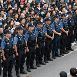 police lined up, standing against the crowd of protesters, concept art, intricate details, highly professionally detailed, cgsociety, highly detailed -
