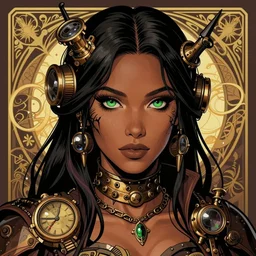 a detailed portrait illustration of a steampunk sorceress - monk. beautiful black latina female face. gorgeous green eyes. art nouveau, pop art, comic book style. influenced by neil gaiman, h. p. lovecraft, dan mumford, ed emshwiller, vadim voitekhovitch, killian eng, ross tran.