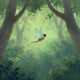 A fairy flits among the trees, close angle, matte painting