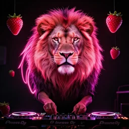 black canvas, lion, neon lights, strawberry, dj, volumetric lighting
