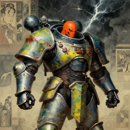composition of gothic and futuristic, warhammer, cyber japan armor, more and more scars, thunderstorm, orange head, some yellow green and blue, the middle ages, highly detailed, artstation, in the style of moebius, jugendstil and classic japanese print, art by jean delville