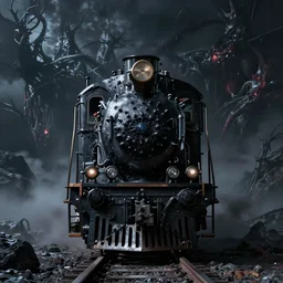 locomotive from front view. black metal. nightmarish, horrific, scary, atmospheric, epic scene, unreal engine render, octane render