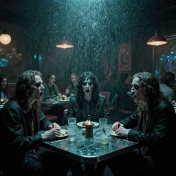 people at the scary restaurant, water caustics, film still from the movie directed by denis villeneuve and david cronenberg with art direction by h. r. giger, and tim white